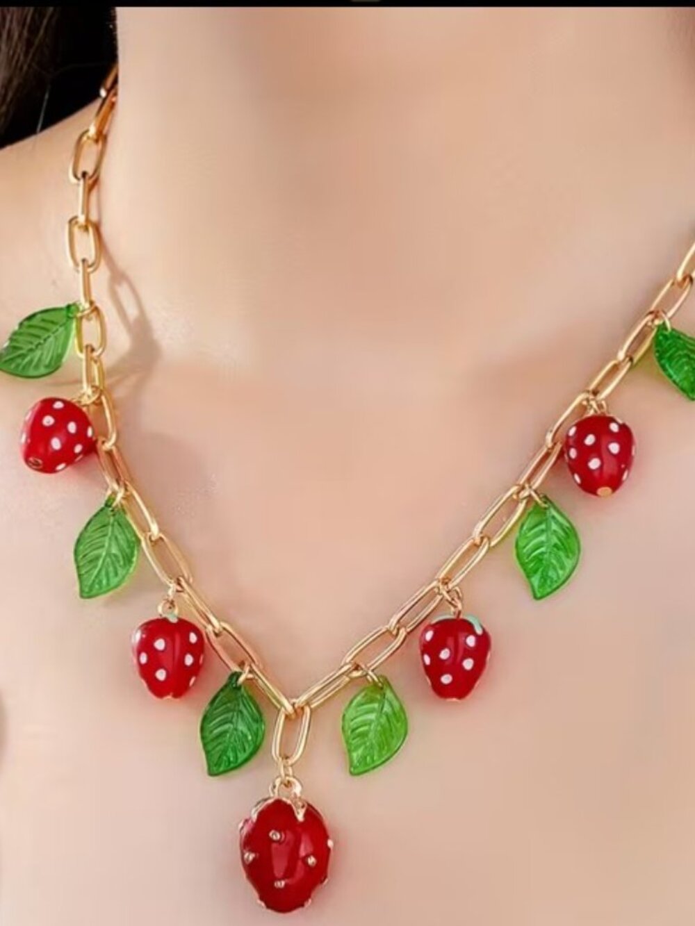 New Gold Paperclip Chain Strawberry Charm Necklace with Green leaves - Picture 2 of 3